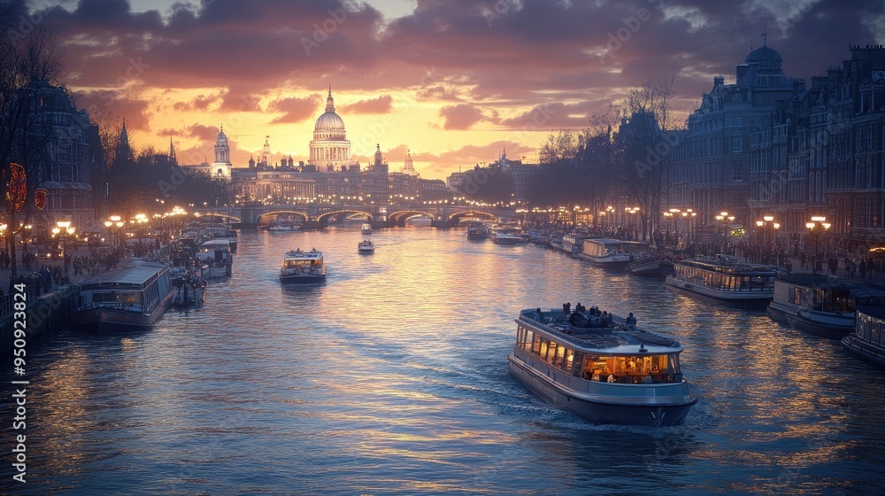 Fototapeta premium A city river with boats traveling during the day, gradually illuminated by streetlights and reflections as night falls