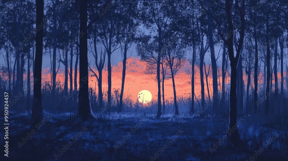A forest edge with the sun setting behind the trees, gradually giving way to the cool blue of night A forest edge with the sun setting behind the trees, gradually giving way to the cool blue of night