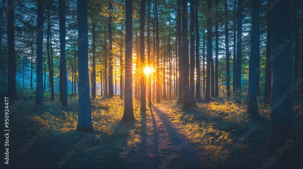 Fototapeta premium A forest edge with the sun setting behind the trees, gradually giving way to the cool blue of night