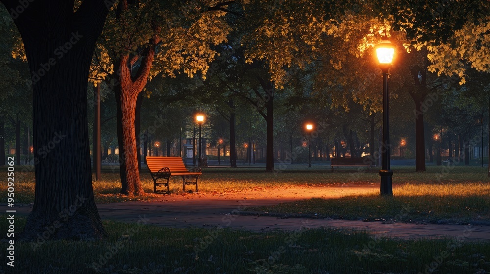 A quiet park at dusk, with a bench illuminated by the soft glow of a streetlamp, contrasting with the fading daylight A quiet park at dusk, with a bench illuminated by the soft glow of a streetlamp, contrasting with the fading daylight