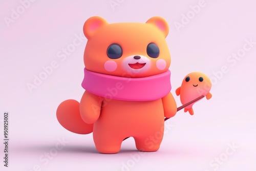 Cute Cartoon Bear with Pink Scarf and Fish Friend