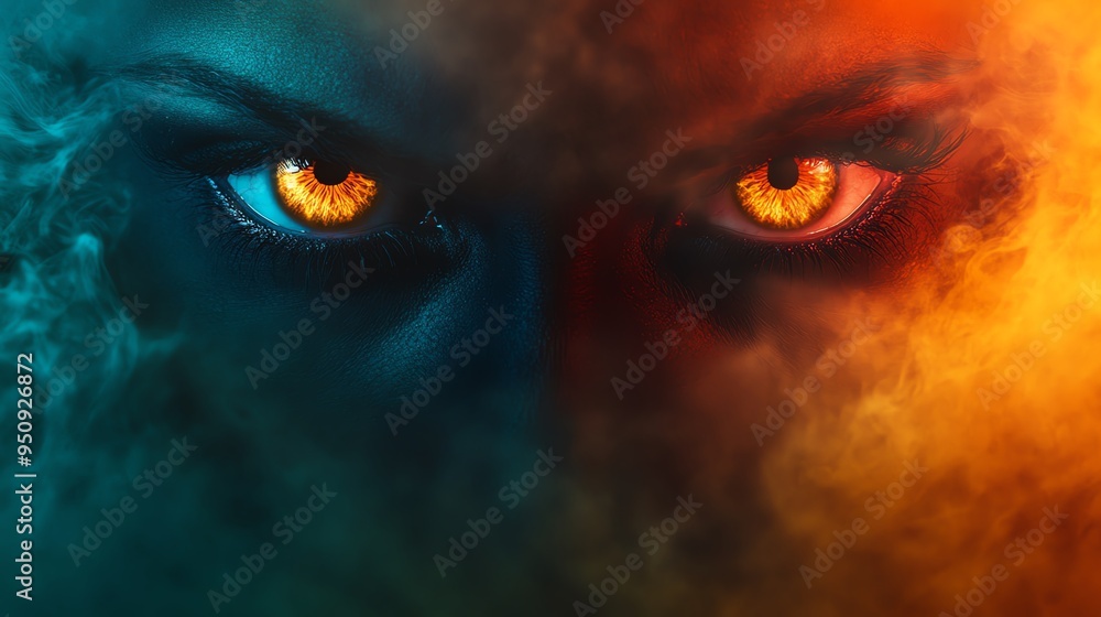 Naklejka premium Mystical gaze with fiery eyes and a dramatic smoke backdrop, evoking emotion and intrigue in a captivating visual.