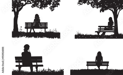 Silhouette of girl sitting on bench in park vector