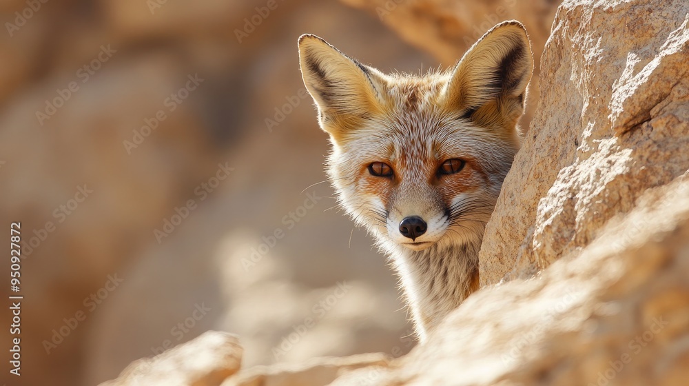 Fototapeta premium A desert fox peeking out from behind a rock, blending into the sandy environment with its camouflaged fur