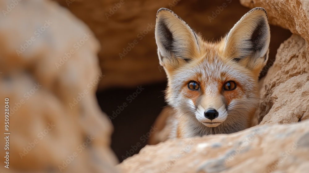 Obraz premium A desert fox peeking out from behind a rock, blending into the sandy environment with its camouflaged fur