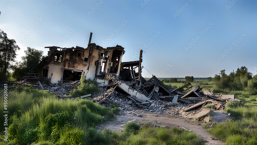 remnants of a demolished house, war damage remnants of a demolished house, war damage