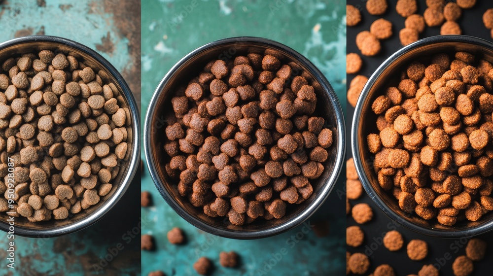 Three stainless steel dog bowls filled with different types of dry dog food Three stainless steel dog bowls filled with different types of dry dog food