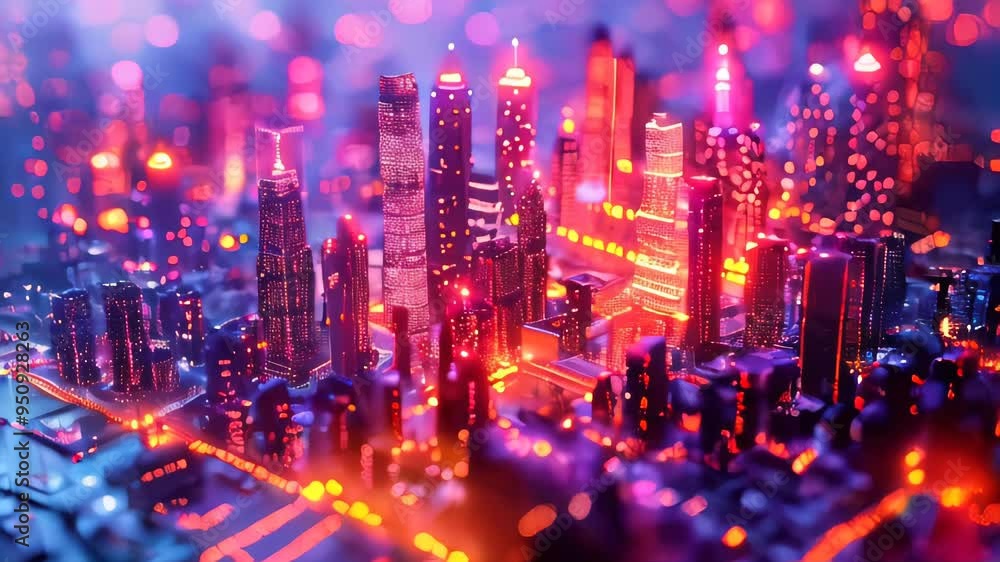 City night view in blue and pink colors with big buildings and skyscrapers City night view in blue and pink colors with big buildings and skyscrapers