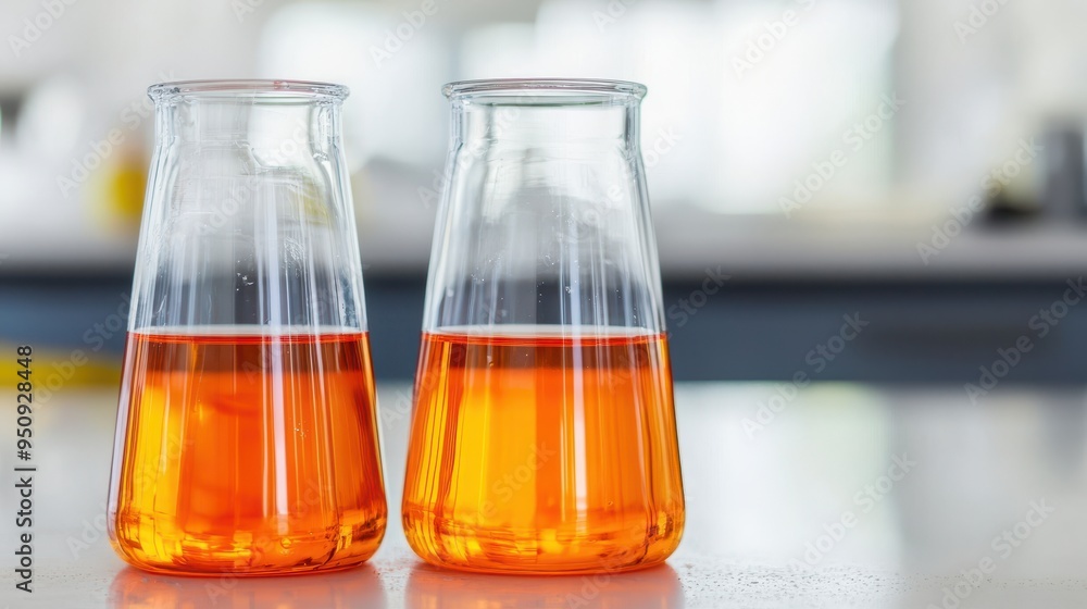 Two glass beakers filled with orange liquid Two glass beakers filled with orange liquid
