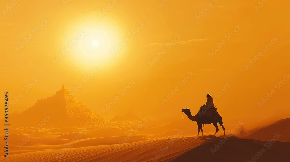A desert nomad on a camel, traveling across the vast sand dunes under the scorching midday sun A desert nomad on a camel, traveling across the vast sand dunes under the scorching midday sun