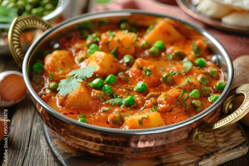 Aloo mutter is a Punjabi dish with potatoes peas and creamy tomato sauce