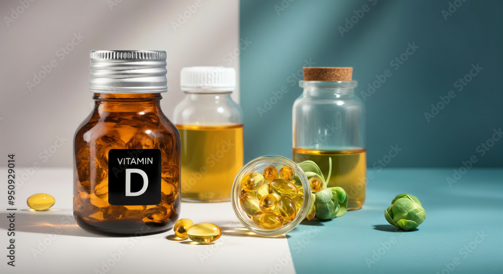 Vitamin D supplements in amber glass bottles with gel capsules and oils for health and wellness Vitamin D supplements in amber glass bottles with gel capsules and oils for health and wellness