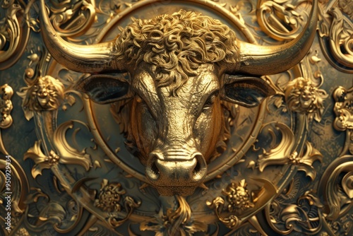 Gold bull head relief with intricate details, representing the enduring power and influence of the bull as a symbol of financial growth, prosperity, and cultural significance.