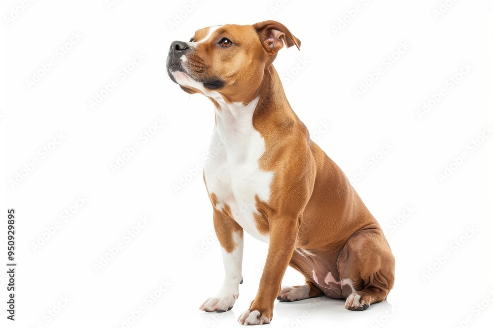 Amstaff sitting alone on white backdrop Amstaff sitting alone on white backdrop