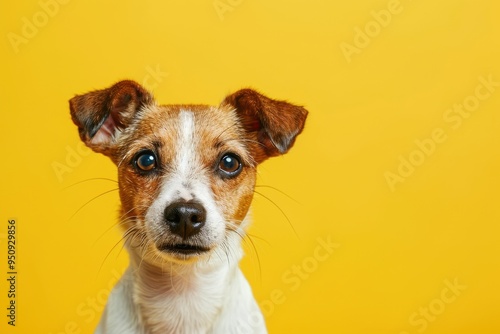 Amusing Andalusian ratonero dog against yellow backdrop