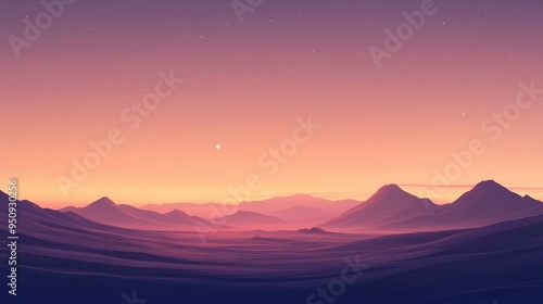 A panoramic shot of a desert landscape at twilight, with the last light of the day fading behind distant mountains -