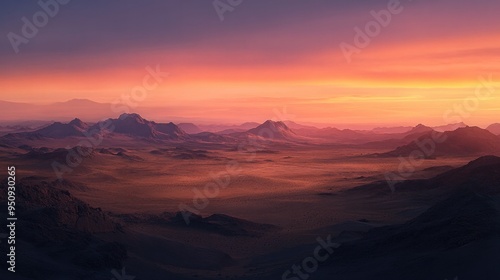 A panoramic shot of a desert landscape at twilight, with the last light of the day fading behind distant mountains -