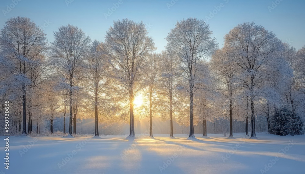 Frosted trees sparkling in the early morning light, with snow-covered ground beneath, Serene, Cool Tones, Wide Angle Frosted trees sparkling in the early morning light, with snow-covered ground beneath, Serene, Cool Tones, Wide Angle