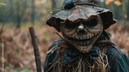 A Creepy Scarecrow with a Twisted Grin in a Forest Setting