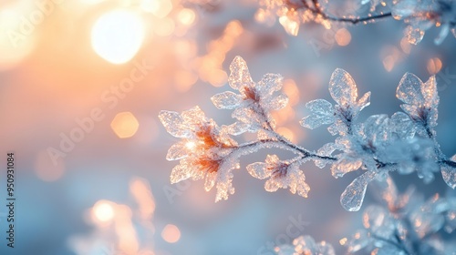 Frosty branches sparkling in the sunlight, with delicate ice crystals covering the surface, Detailed, Cool Tones, Macro