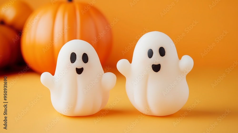 Halloween ghosts with funny pumpkin on orange background. Happy halloween holiday concept. Halloween ghosts with funny pumpkin on orange background. Happy halloween holiday concept.