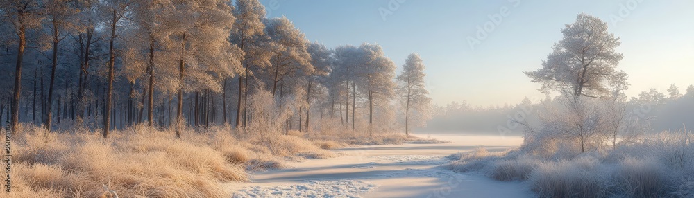 Frosty morning in the woods, with snow-covered trees, frosty ground, and a clear winter sky, creating a serene winter landscape, Serene, Cool Tones, Wide Angle