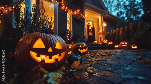 Halloween pumpkins and decorations outside a house. Night view of a house with halloween decoration