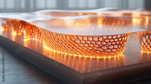 A sleek beryllium copper board seamlessly merging with transparent aerogel panels, highlighted by intricate nanostructures and dynamic light reflections photo