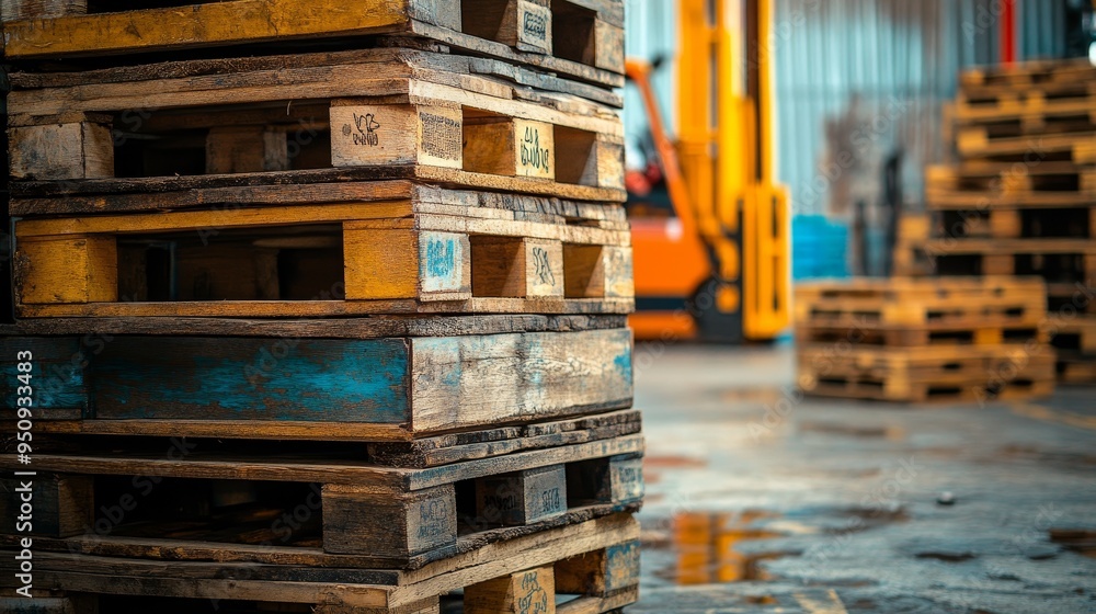 A stack of weathered wooden pallets, leaning against a corrugated warehouse wall, with forklifts in the background, crates scattered across the floor A stack of weathered wooden pallets, leaning against a corrugated warehouse wall, with forklifts in the background, crates scattered across the floor