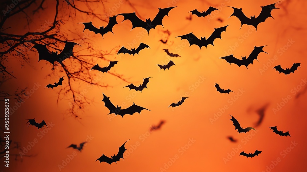 Halloween Background: Flying Bats on Orange Halloween Background: Flying Bats on Orange
