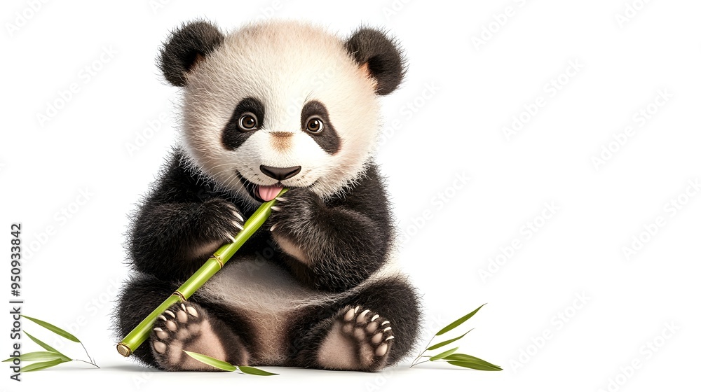 Obraz premium Adorable Panda Bear Sitting and Eating Bamboo Shoots in Green Forest
