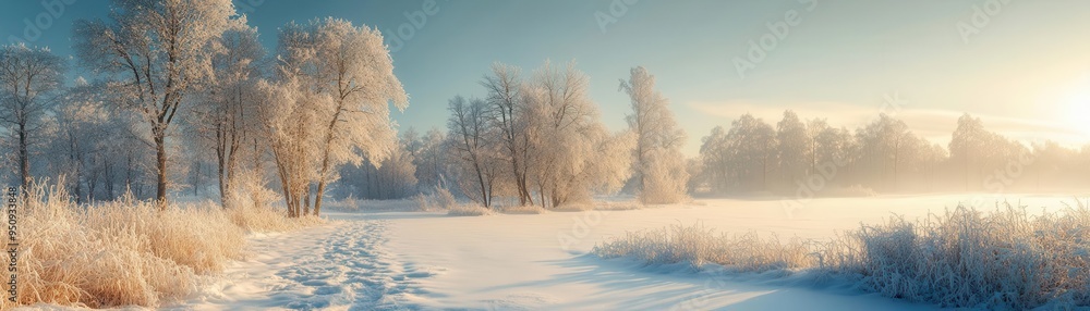 Frozen landscape in the morning light, with snow-covered ground, frosty trees, and a clear winter sky, creating a serene winter atmosphere, Serene, Cool Tones, Wide Angle Frozen landscape in the morning light, with snow-covered ground, frosty trees, and a clear winter sky, creating a serene winter atmosphere, Serene, Cool Tones, Wide Angle