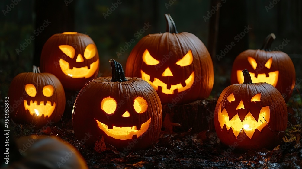 illuminated carved pumpkins with different evil faces in darkness at Halloween night illuminated carved pumpkins with different evil faces in darkness at Halloween night