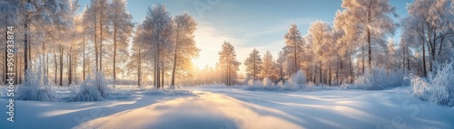 Frozen landscape in the morning light, with snow-covered ground, frosty trees, and a clear winter sky, creating a serene winter atmosphere, Serene, Cool Tones, Wide Angle