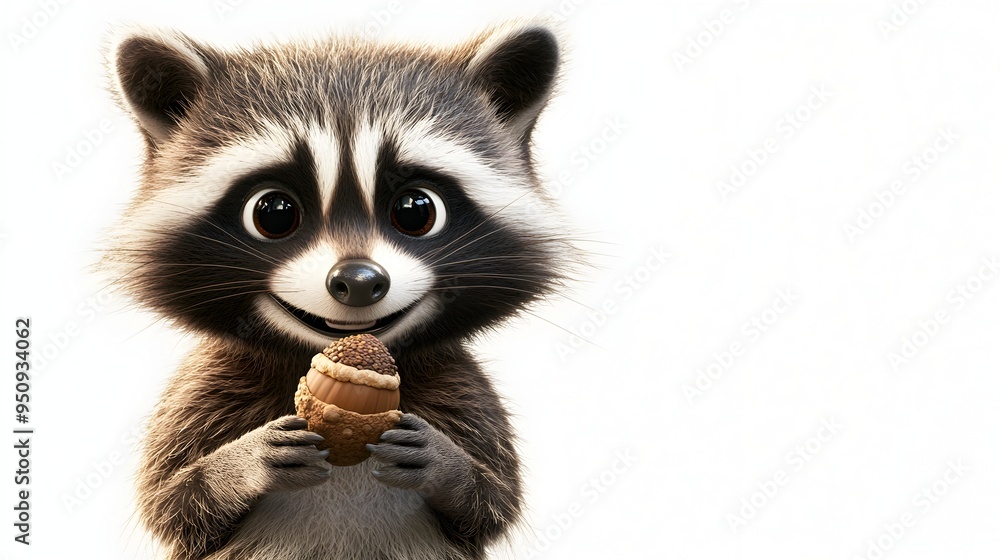 Fototapeta premium Adorable Raccoon Holding Snack in Woodland Habitat
