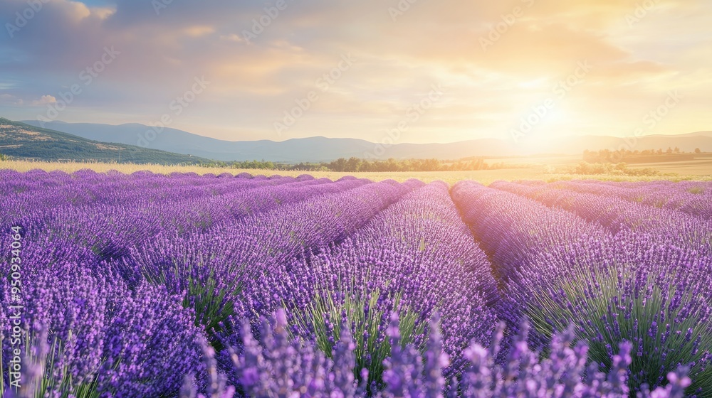 Naklejka premium A field of lavender in full bloom under a bright summer sky, creating a soothing and fragrant scene -
