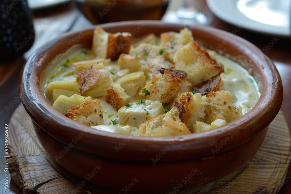 Artichoke cream topped with bread croutons Classic Spanish vegan dish Artichoke cream topped with bread croutons Classic Spanish vegan dish