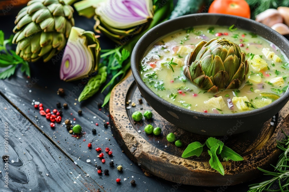 Artichoke soup on wood table Artichoke soup on wood table