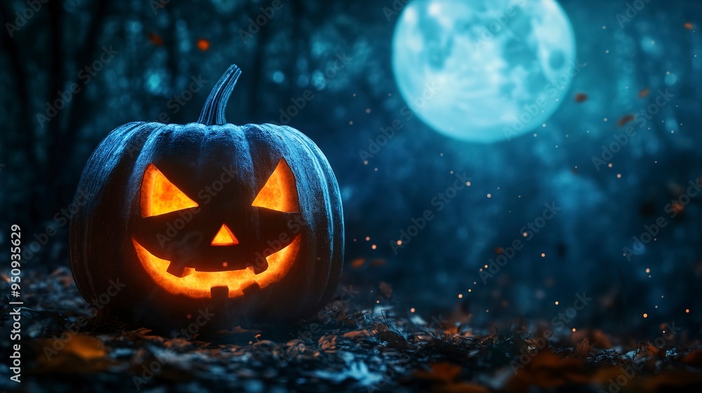 Fototapeta premium a pumpkin head jack lantern set against a backdrop of a spooky forest and a full moon. Haunted house dark night halloween festival holiday trick or treat