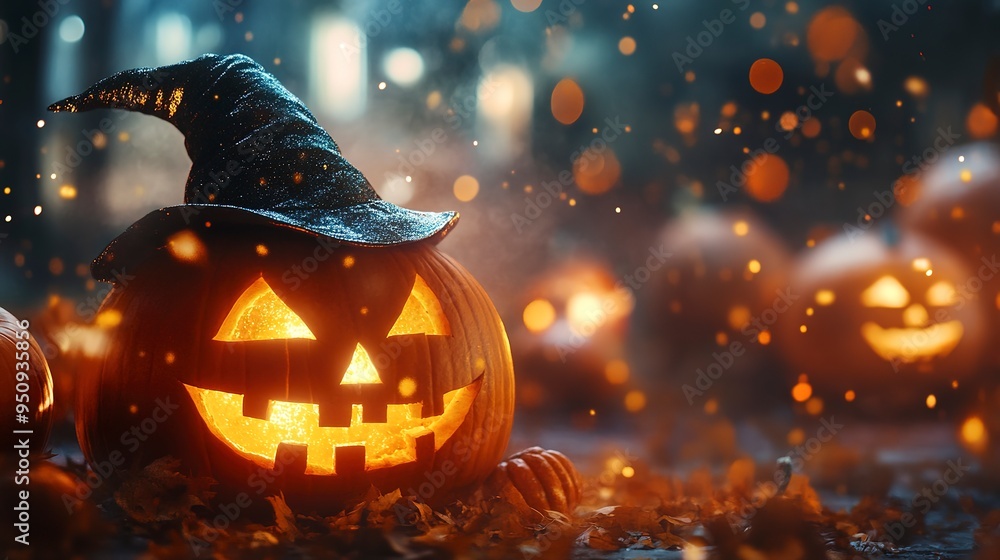 Naklejka premium Glowing halloween pumpkins with witch