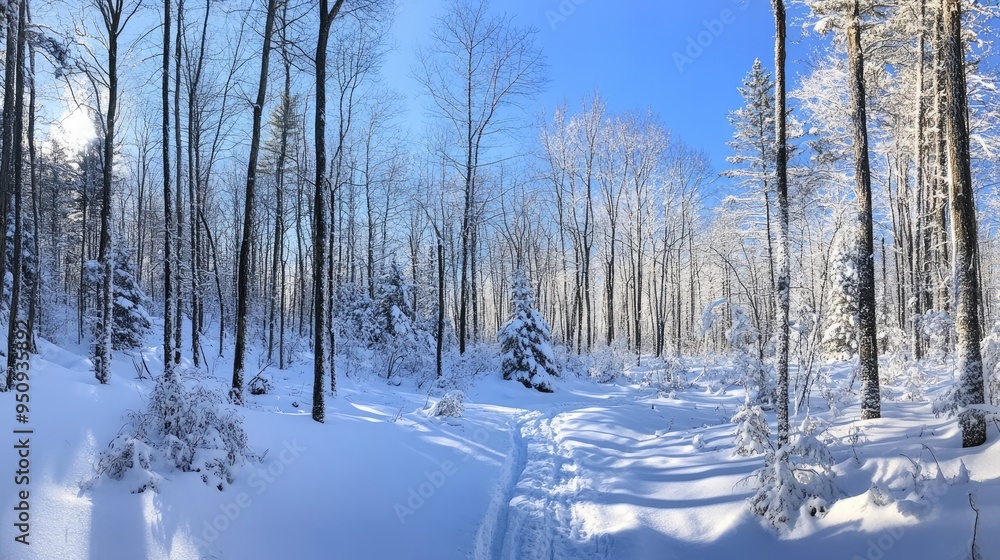 Obraz premium A panoramic view of a snowy forest under a clear blue sky, with fresh snow covering the trees and ground