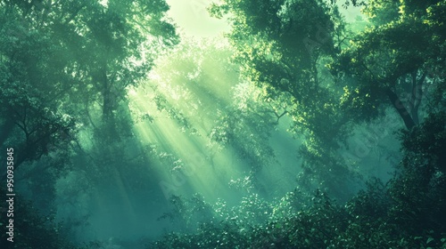 A misty morning in a dense forest, with soft light filtering through the trees, creating a mysterious atmosphere