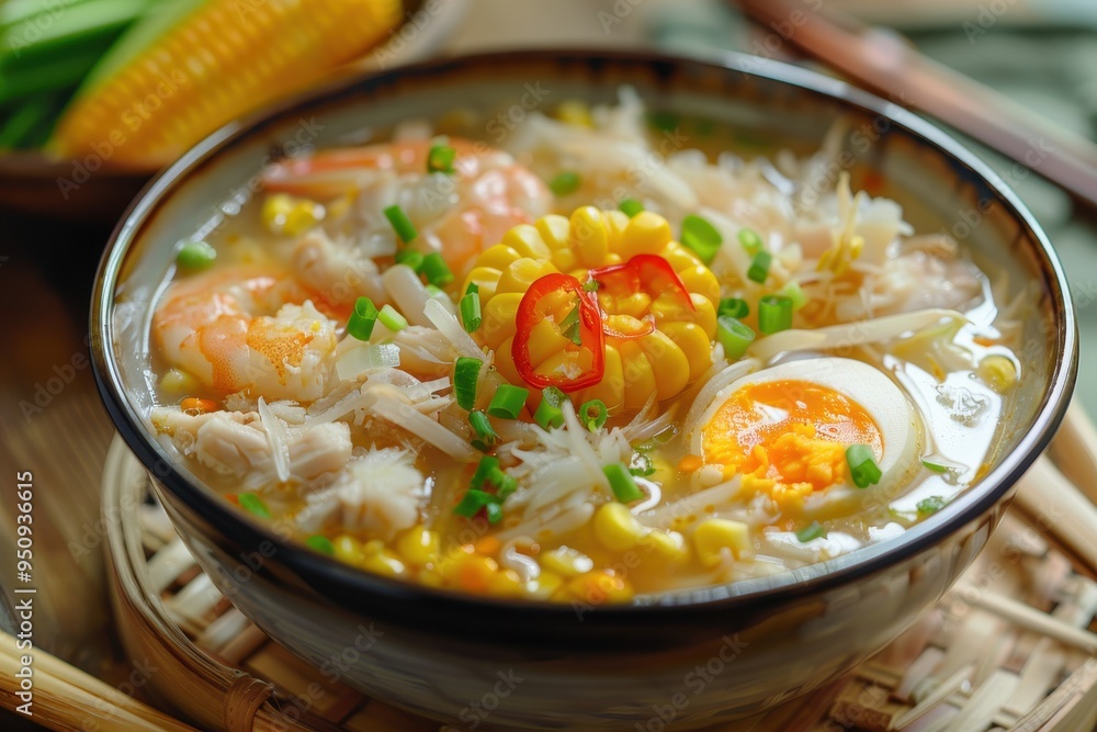 Asian soup with crab chicken egg and corn Asian soup with crab chicken egg and corn