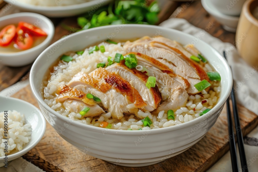 Asian style breakfast of rice soup with sliced chicken breast in white bowl Asian style breakfast of rice soup with sliced chicken breast in white bowl