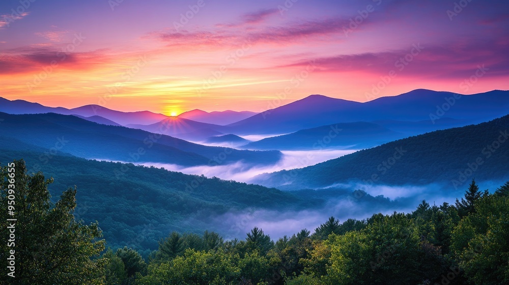 Fototapeta premium A serene mountain landscape at sunrise, with mist rolling over the peaks and vibrant colors in the sky