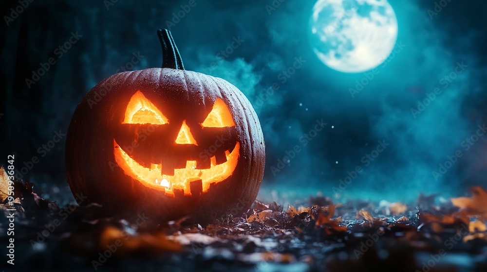 Naklejka premium A spooktacular halloween night with glowingly carved pumpkin under moonlight
