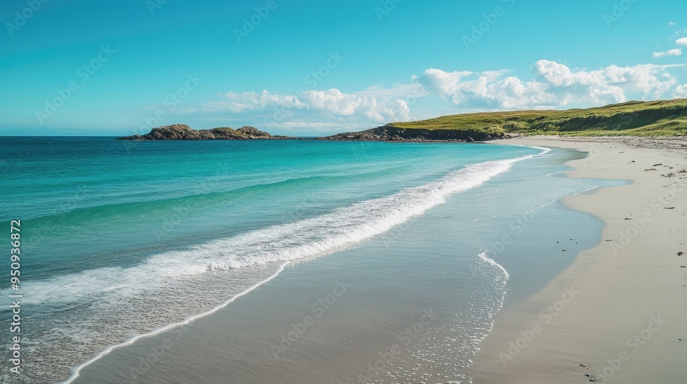 Fototapeta premium A tranquil beach with turquoise waves gently lapping the shore, under a clear, sunny sky