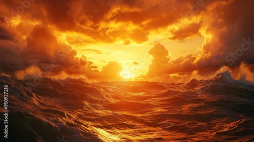 A vibrant sunset over the ocean, with dramatic clouds and waves illuminated by golden light photo