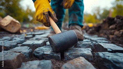 Detailed hands of a worker adjusting cobblestones with a rubber mallet, focus on precision, photography, shallow depth of field, warm tones, construction site background photo