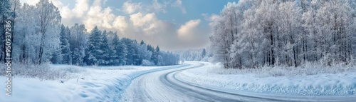 Ice-covered road winding through a snow-covered landscape, with trees lining the path, Serene, Cool Tones, Wide Angle